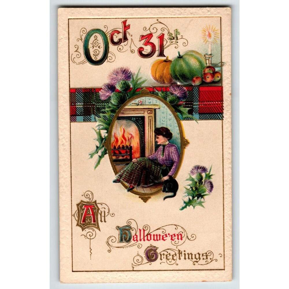 Halloween Postcard Women Black Cat Fireplace Oct 31st Germany Gottschalk Unused